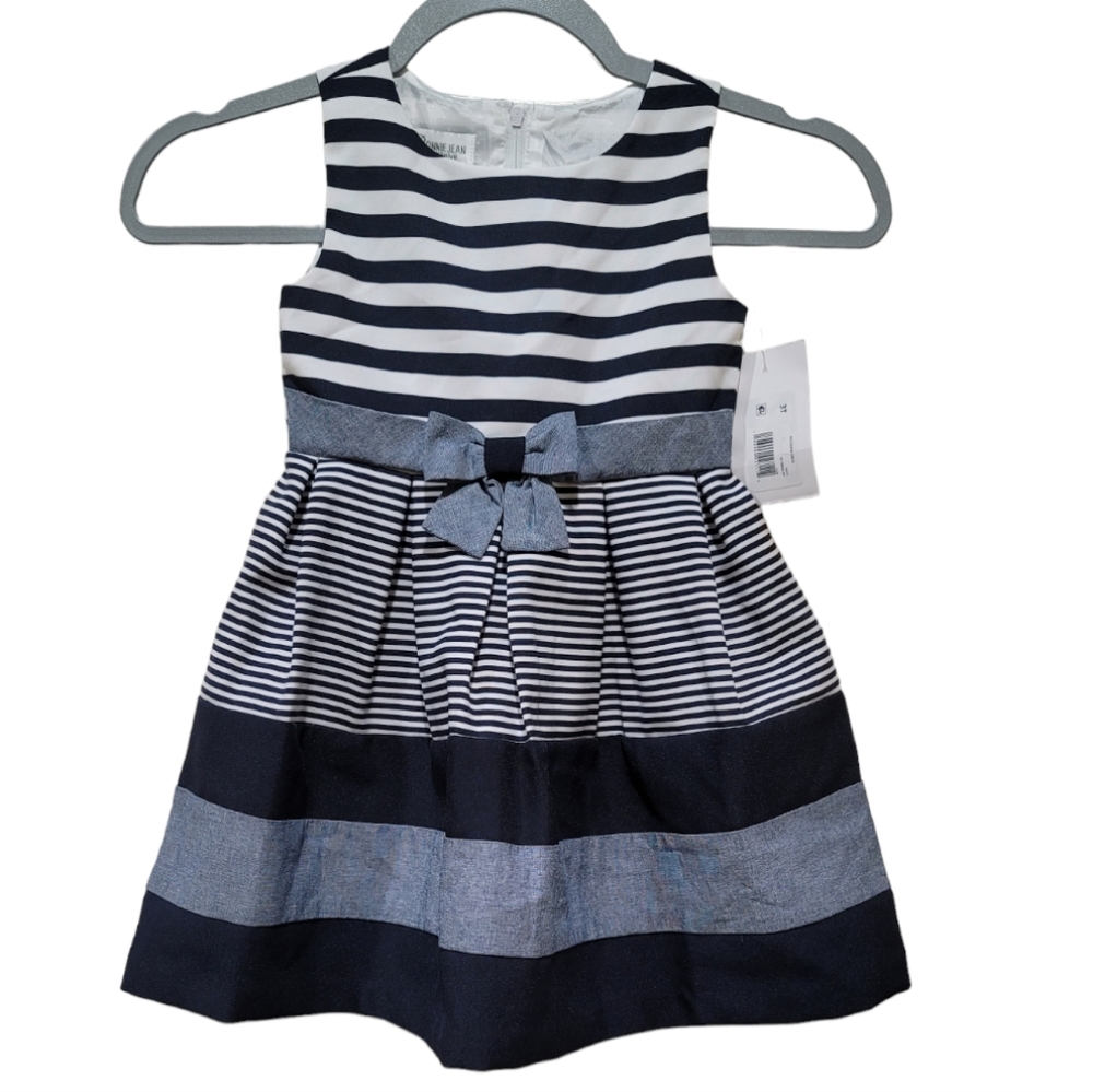 Bonnie Jean Girl's Navy Blue and White Stripped Color Block Sleeveless Dress, 2T